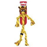 Kong Ruffwear giraffe plush toy dog chew with attached rope arms and legs, shown in its retail hanging packaging on a white background.