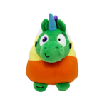 A plush monster toy with a green horned head, purple horn tip, large white eyes, and a candy corn body in green, yellow, and orange, shown on a plain white background.