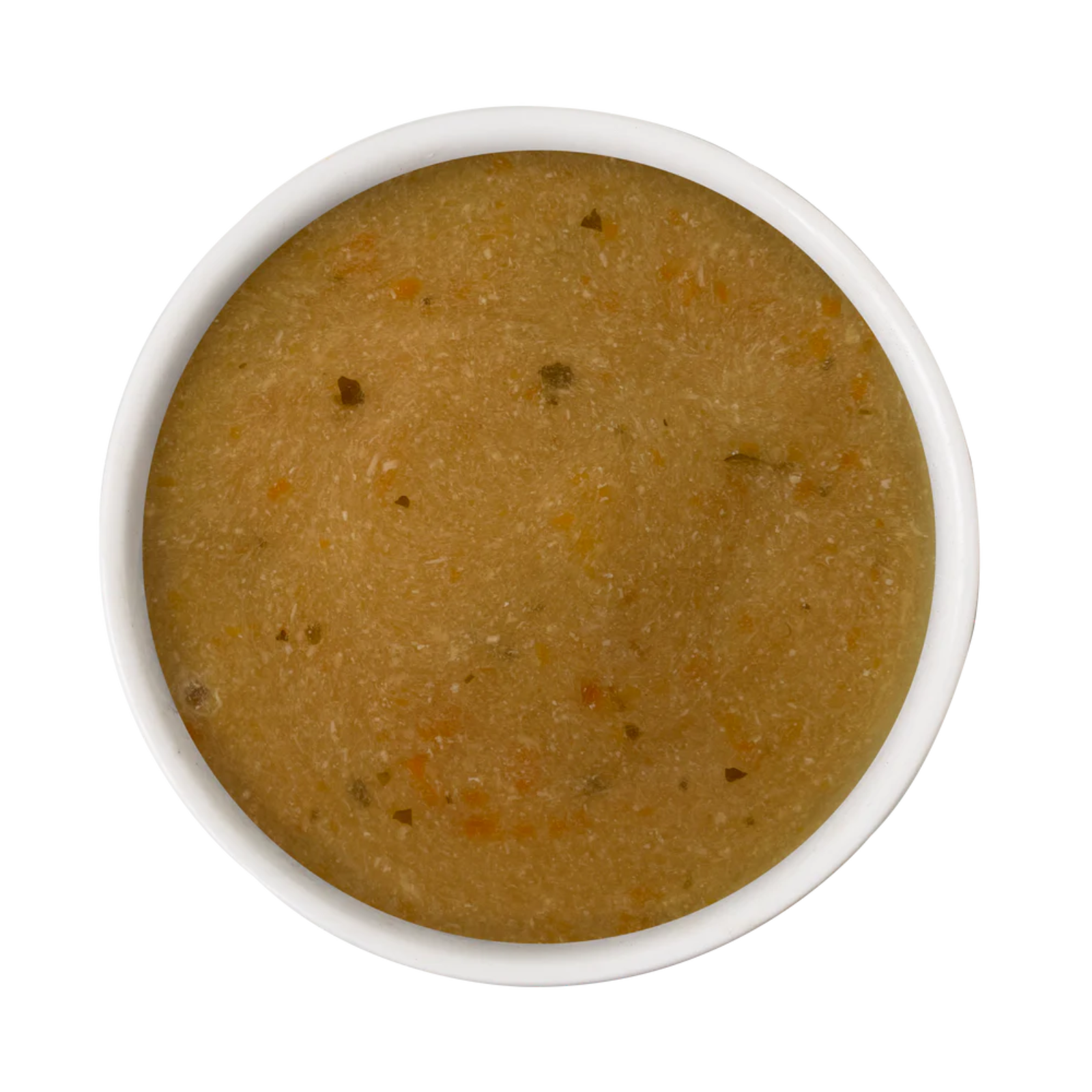A top-down view of a thick, textured mustard-yellow or ochre-colored puree, such as pumpkin or squash mash, served in a white ceramic bowl against a solid white background.