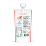 Back view of a flexible stand-up pouch package for beef and pumpkin craft meal topper, showing product details, ingredients, instructions, and a barcode on a white background.