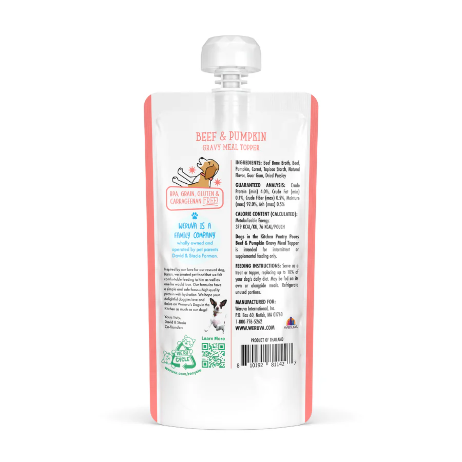 Back view of a flexible stand-up pouch package for beef and pumpkin craft meal topper, showing product details, ingredients, instructions, and a barcode on a white background.