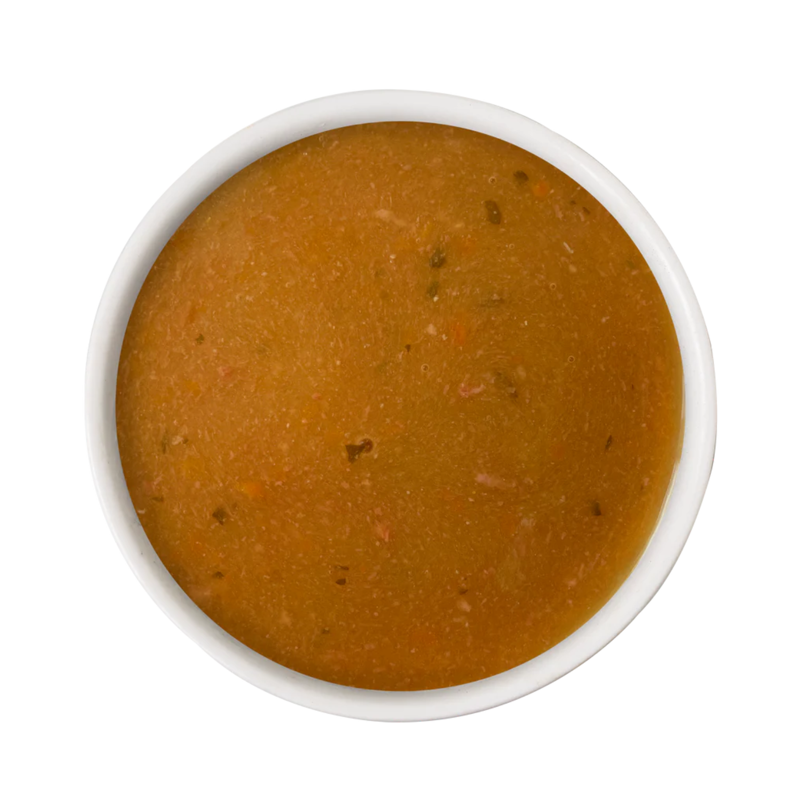 A top-down view of a white bowl filled with a thick, orange-brown soup or sauce, isolated on a white background.
