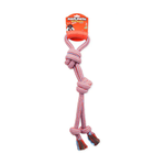 A red and white striped rope dog toy with knotted ends and tassels, attached to an orange cardboard header card, shown on a plain white background.