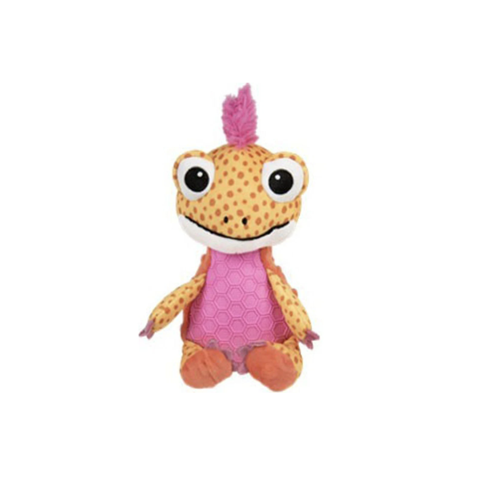 A small plush dinosaur toy with a yellow-orange spotted body, pink belly, and pink mohawk, centered on a plain white background.