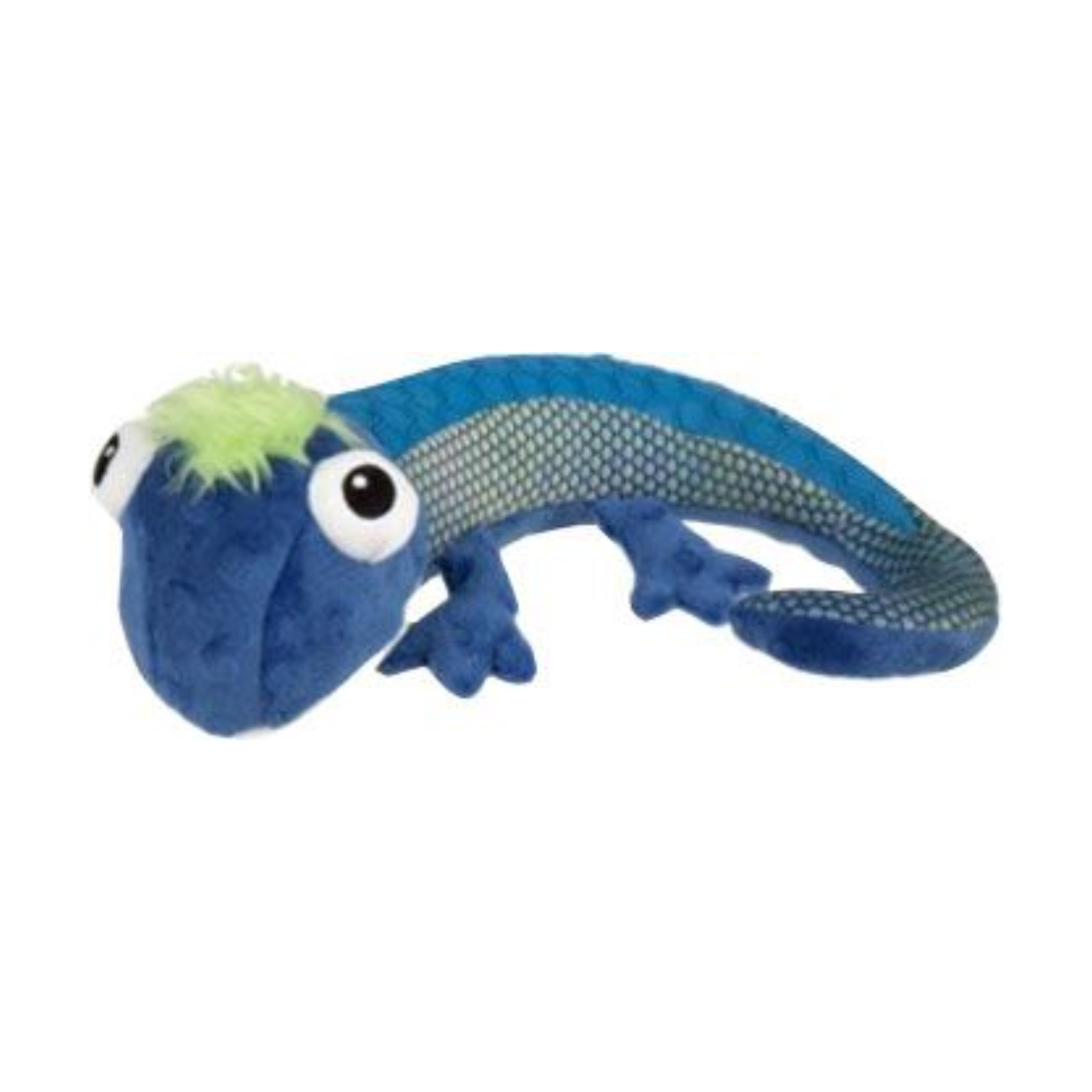 A blue plush gecko dog toy with a textured body, large cartoon eyes, and a small green tuft on its head, shown against a plain white background.