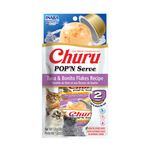 Churu Pop'n Serve Tuna & Bonito Flakes Recipe cat treat pouch by INABA, featuring a white and blue package with red Churu branding and images of tuna and bonito flakes.