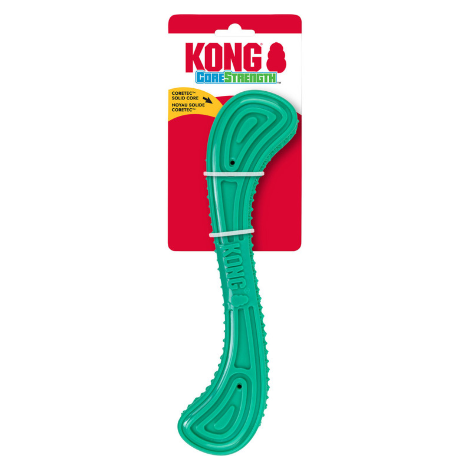 Kong CoreStrength dog chew toy in green, attached to its red and white retail packaging card, shown against a plain white background.