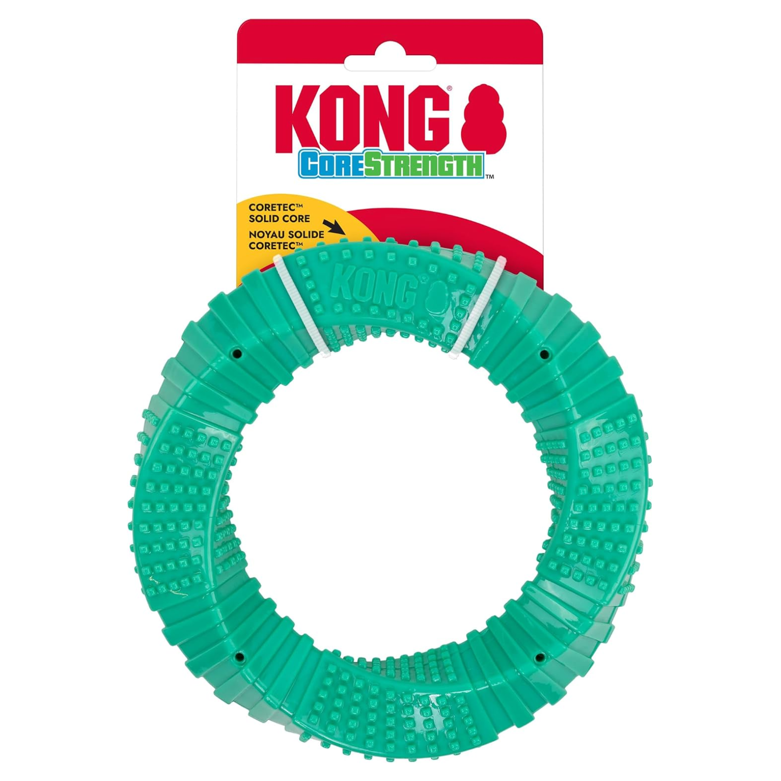 Kong CoreStrength dog toy in a green segmented ring shape, shown with its retail hanging card on a white background.