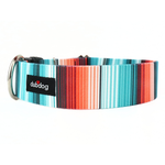 A striped dog collar with a colorful pattern of teal, blue, red, and orange vertical stripes, featuring a black Dubdog brand patch and a silver metal ring on a white background.