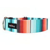 A striped dog collar with a colorful pattern of teal, blue, red, and orange vertical stripes, featuring a black Dubdog brand patch and a silver metal ring on a white background.