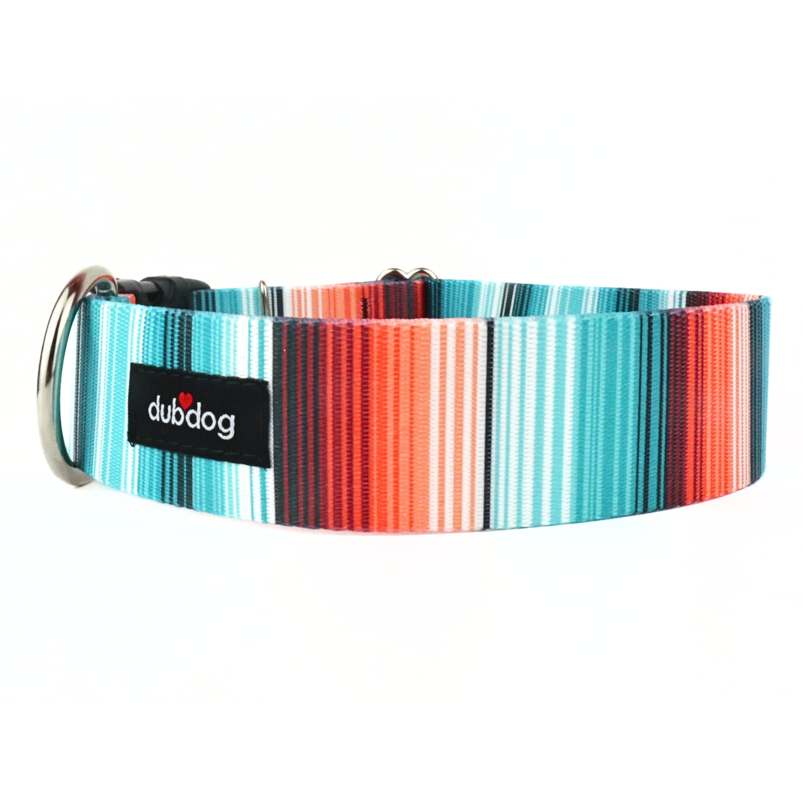 A striped dog collar with a colorful pattern of teal, blue, red, and orange vertical stripes, featuring a black Dubdog brand patch and a silver metal ring on a white background.