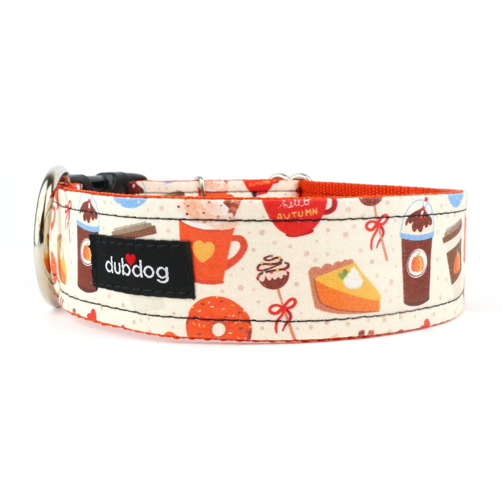 A patterned dog collar with a silver metal buckle, featuring a cream background with a fall-themed print of coffee cups, a pumpkin pie slice, a cupcake, and a black brand label that reads 'dubdog'.