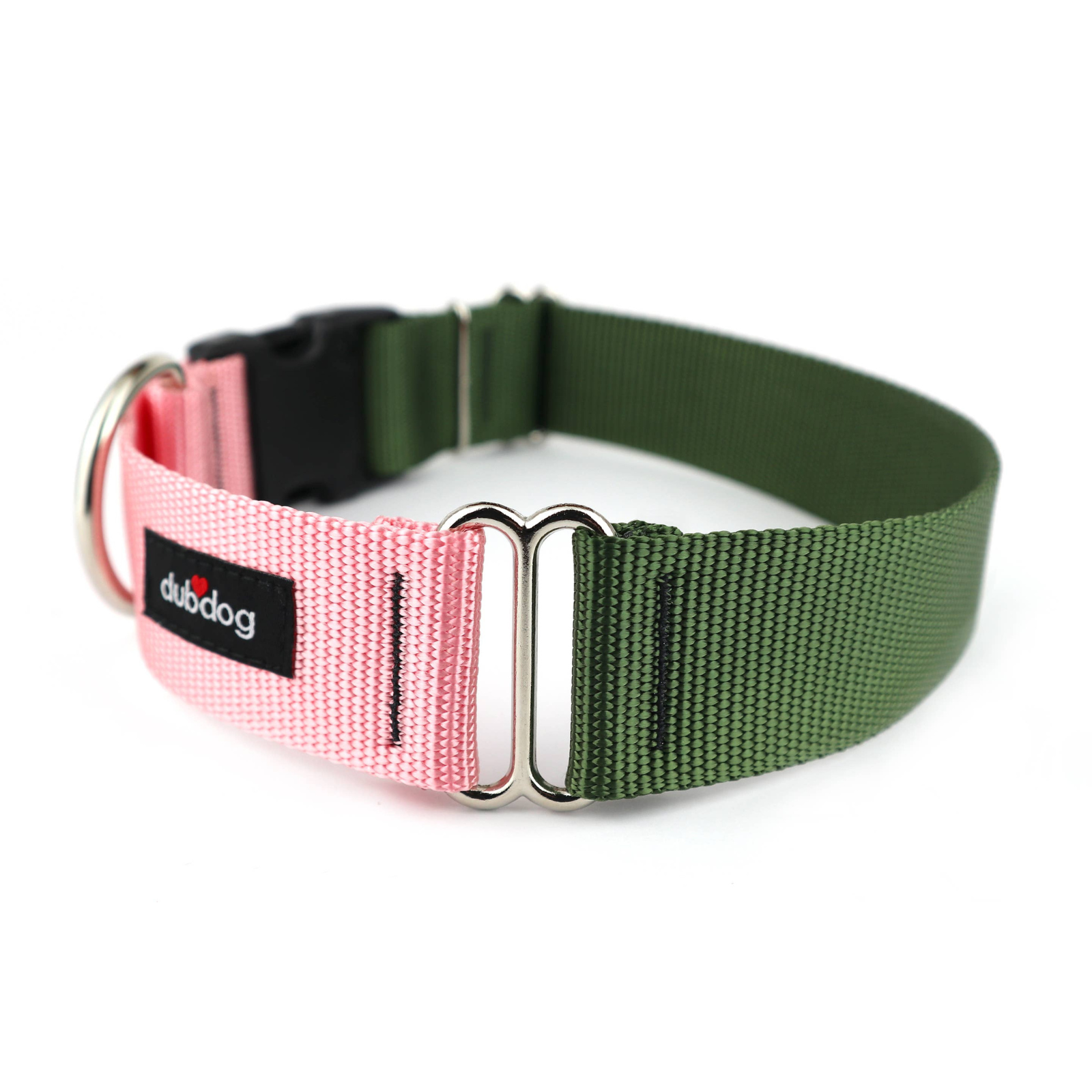 A dog collar with a green and pink woven webbing strap, featuring silver metal hardware and a black plastic buckle. A black fabric label on the pink section displays the brand name 'dudog'.