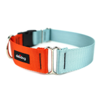 A dog collar with a bright orange front panel, a light blue woven strap, and a black plastic buckle, featuring a black brand label that reads 'dubdog'.
