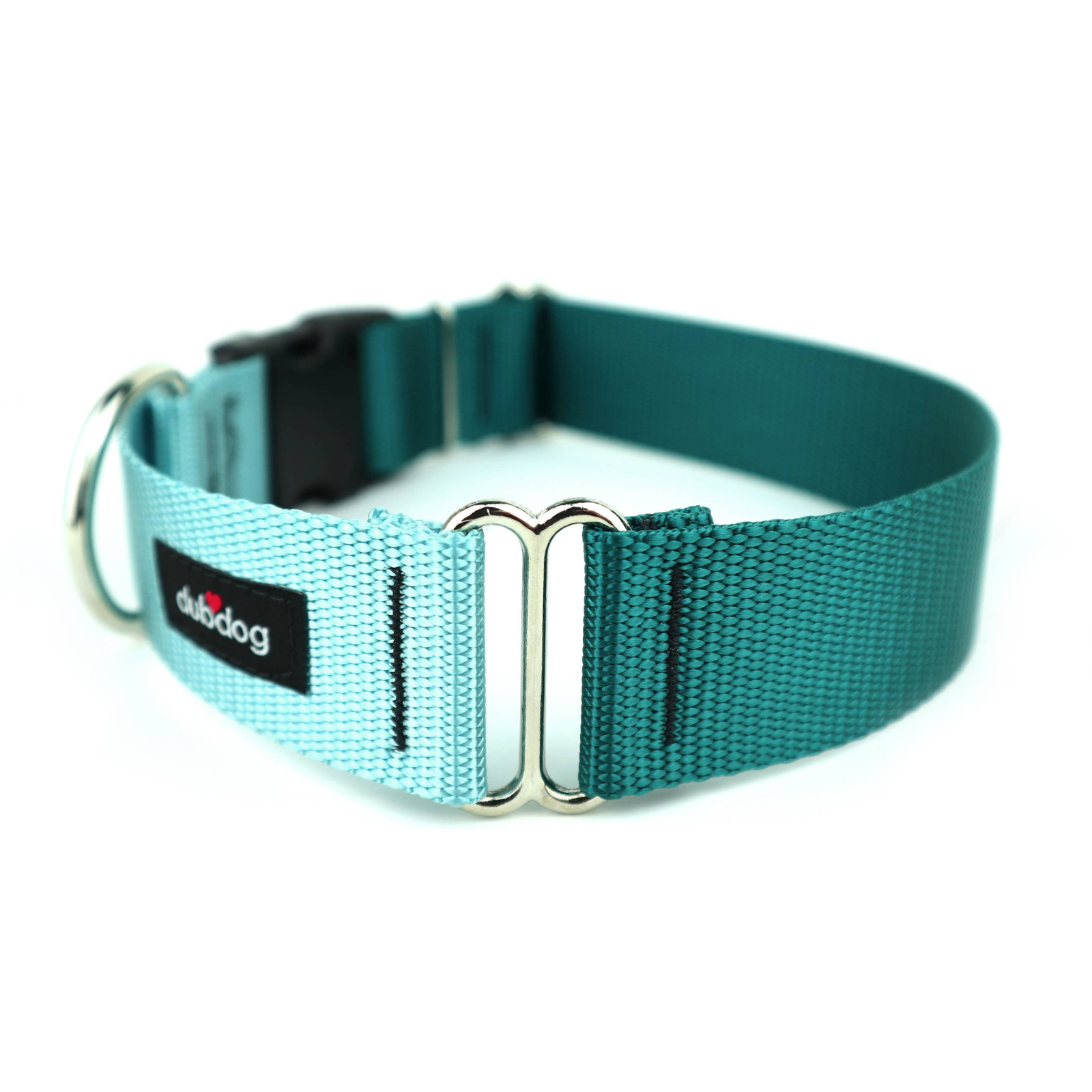 A teal blue nylon dog collar with silver metal hardware, a black plastic buckle, and a black brand label reading 'outdog'.