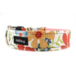 A dog collar with a colorful floral and strawberry pattern on a white background, featuring a black dubdog brand label and a silver metal ring.