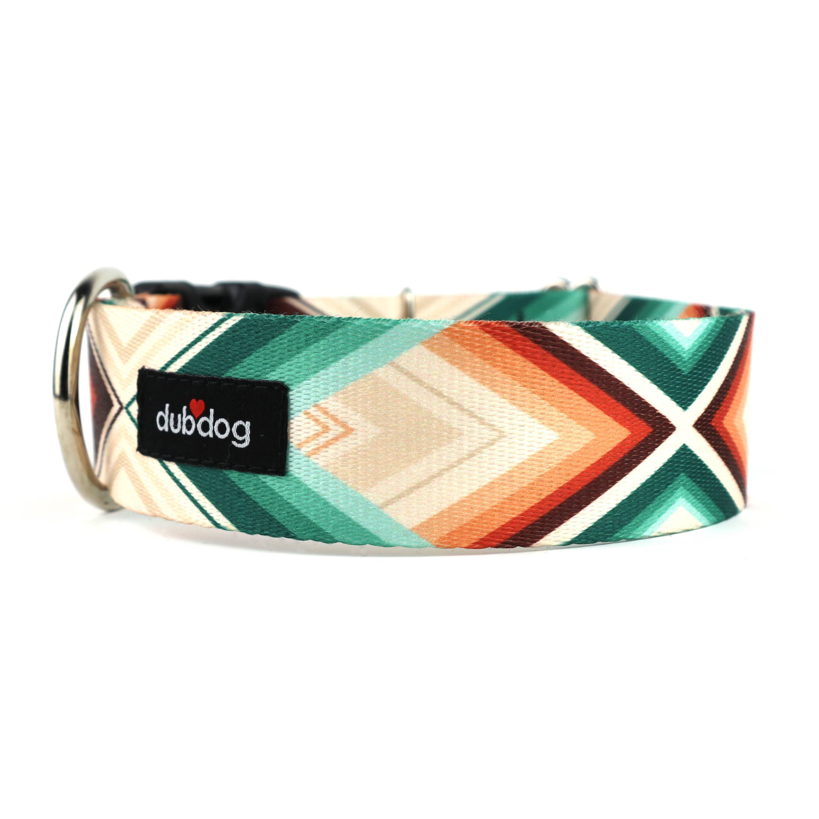 A dog collar with a Southwestern-style geometric pattern in teal, orange, beige, and white, featuring a black brand label that reads 'dubdog' with a small red heart.