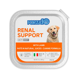 A square foil-lidded can of FORZA10 Renal Support wet dog food with lamb, featuring a white and orange label with a golden retriever photo, on a plain white background.