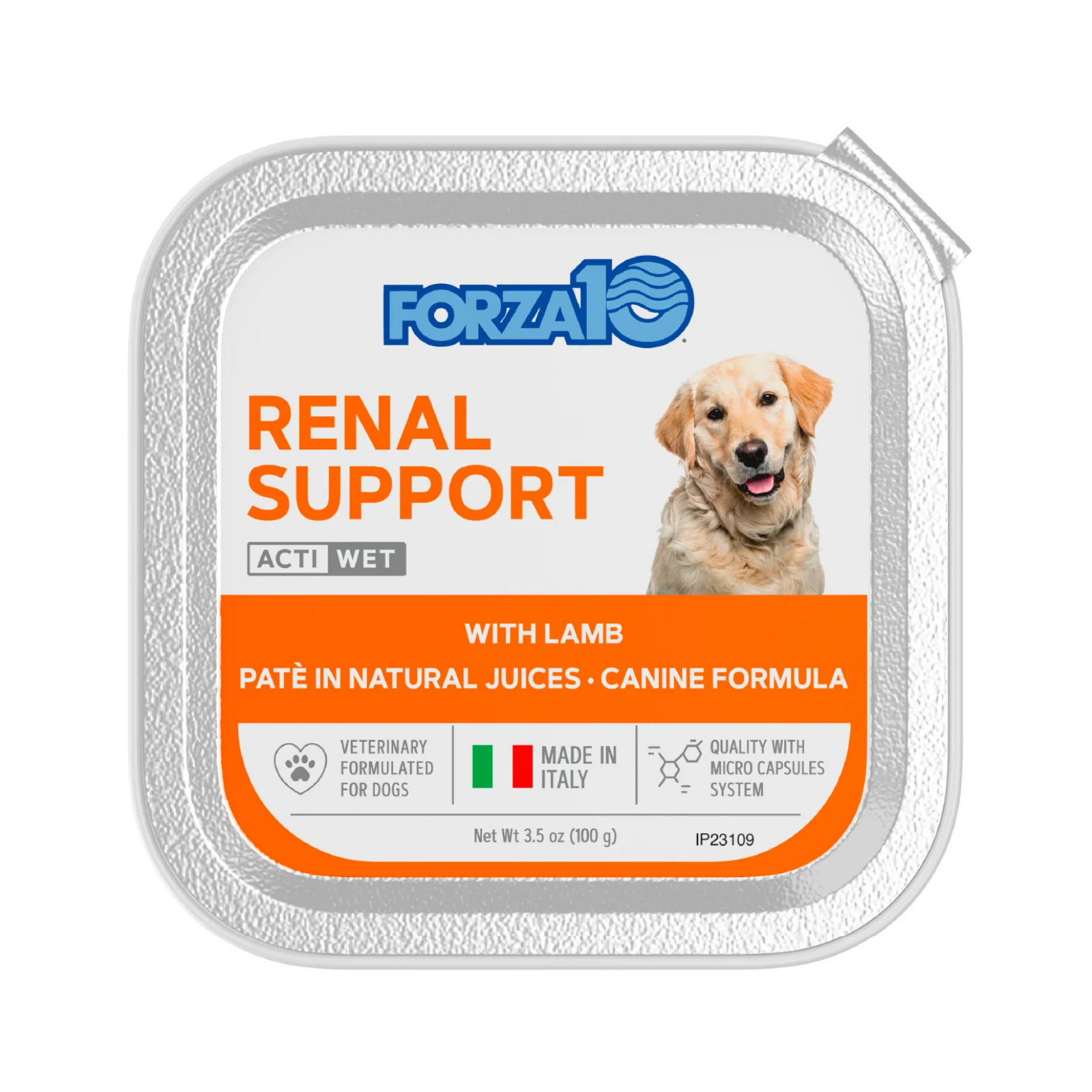 A square foil-lidded can of FORZA10 Renal Support wet dog food with lamb, featuring a white and orange label with a golden retriever photo, on a plain white background.