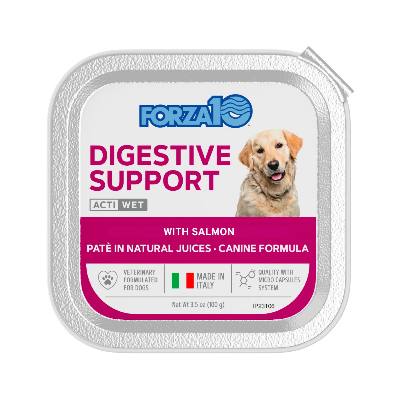 Forza10 Digestive Support dog food pouch with a dog on the label