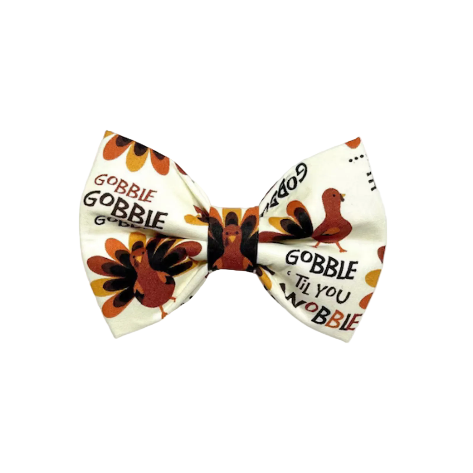 A novelty pet bow tie featuring a Thanksgiving theme with the text 'GOBBLE Til YOU Gobble' and a turkey pattern, shown on a light gray gradient background.