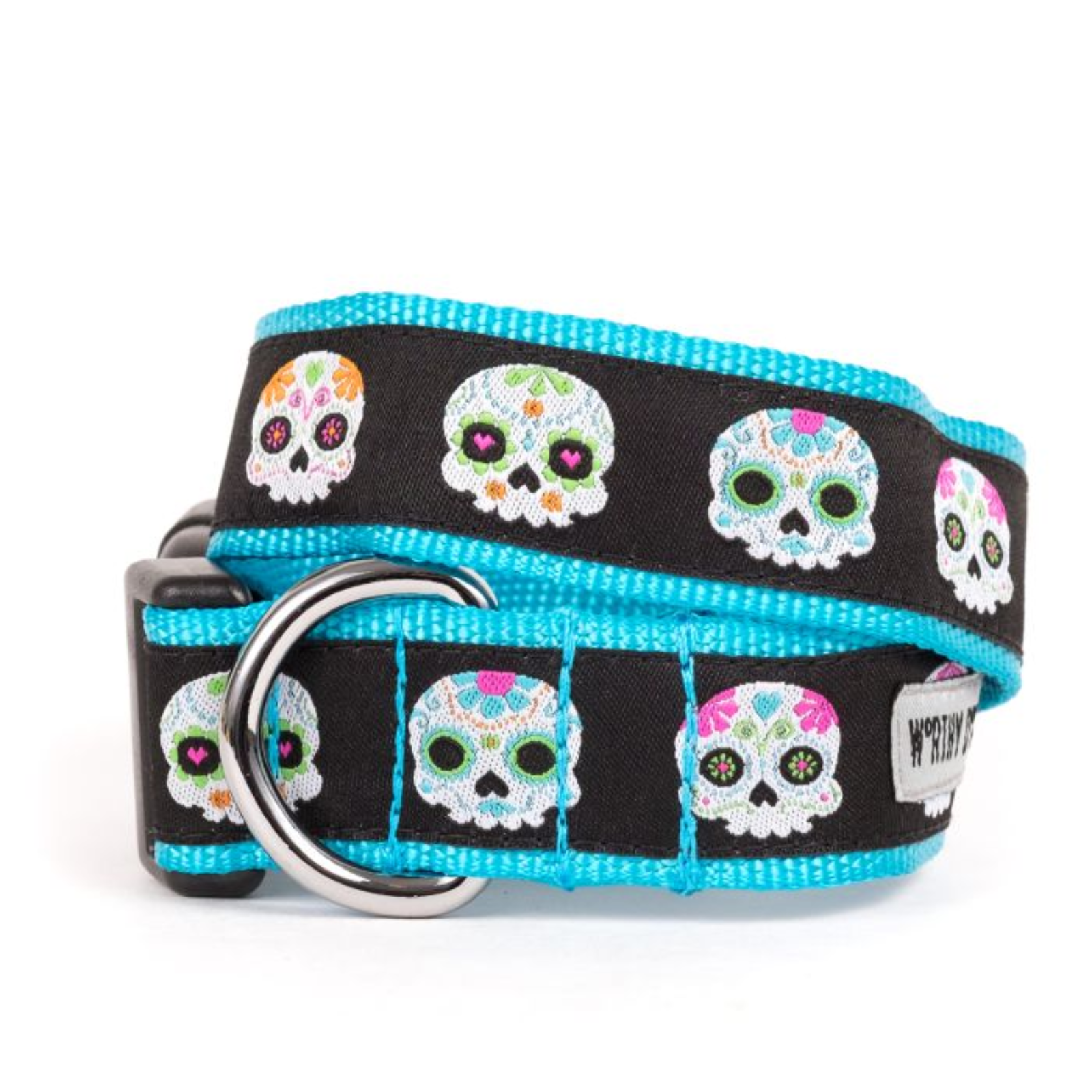 Dog collar with colorful skull pattern on a black background