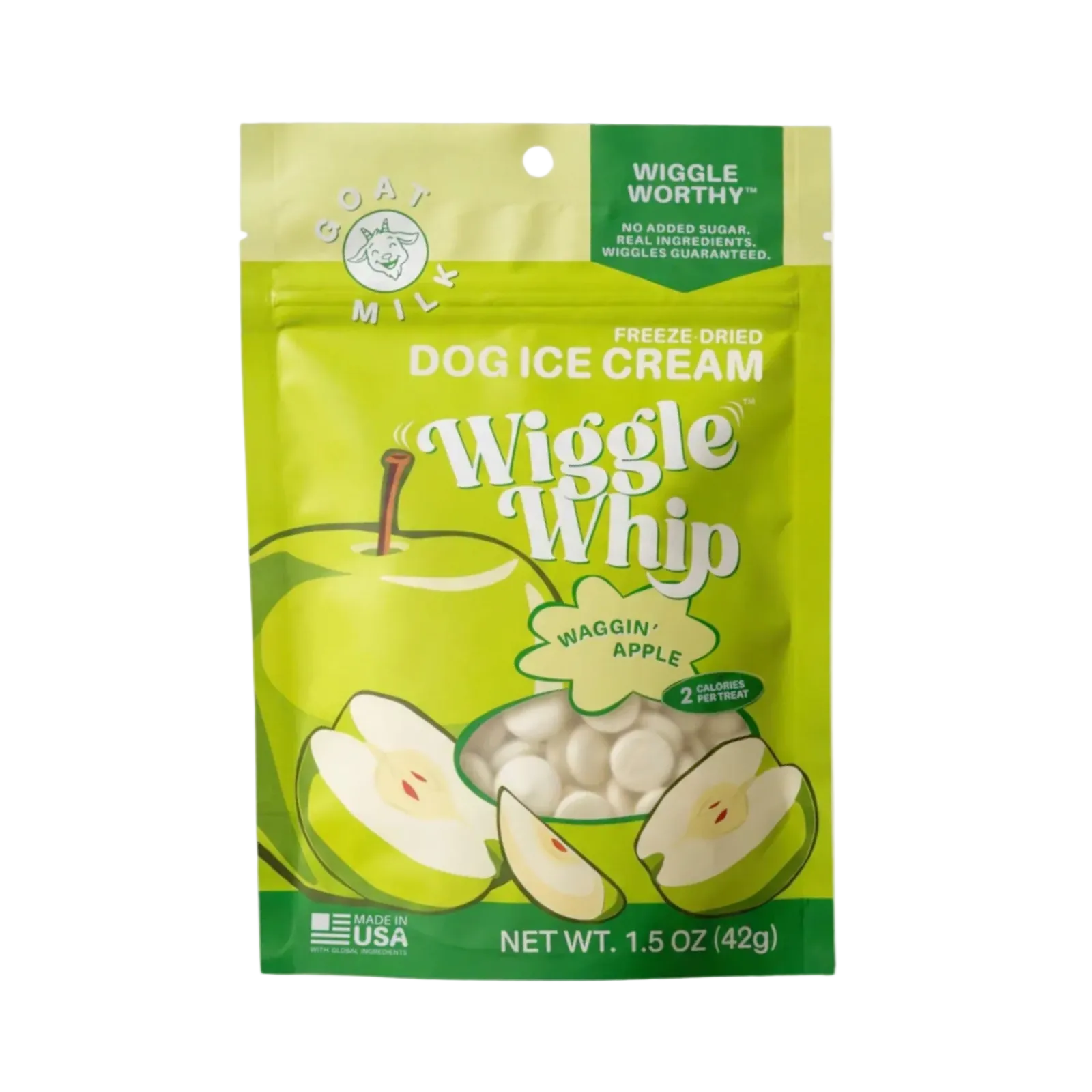 A bag of Wiggle Whip Freeze Dried Dog Ice Cream in Waggin' Apple flavor. The packaging is bright green with illustrations of a whole and sliced apple, and the visible ice cream inside is white.