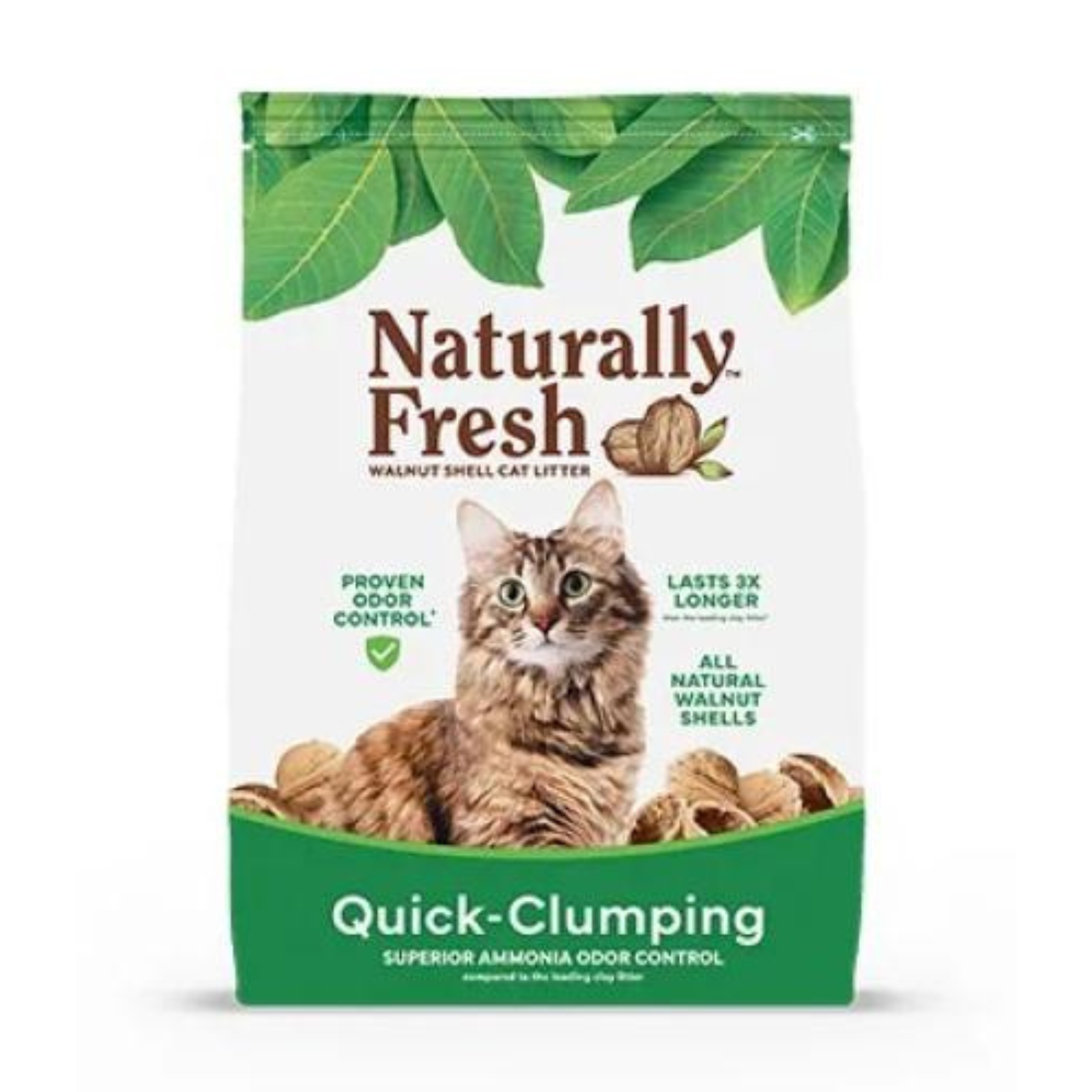 A bag of Naturally Fresh Quick-Clumping walnut shell cat litter, featuring a brown tabby cat on the front of the packaging, set against a plain white background.