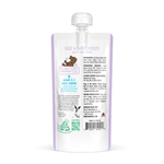 Back view of a 4 oz squeeze pouch of Premium Dog Food by David & Tom's Formulas, featuring beef and sweet potato flavor, with a white cap, on a white background.