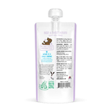 Back view of a 4 oz squeeze pouch of Premium Dog Food by David & Tom's Formulas, featuring beef and sweet potato flavor, with a white cap, on a white background.