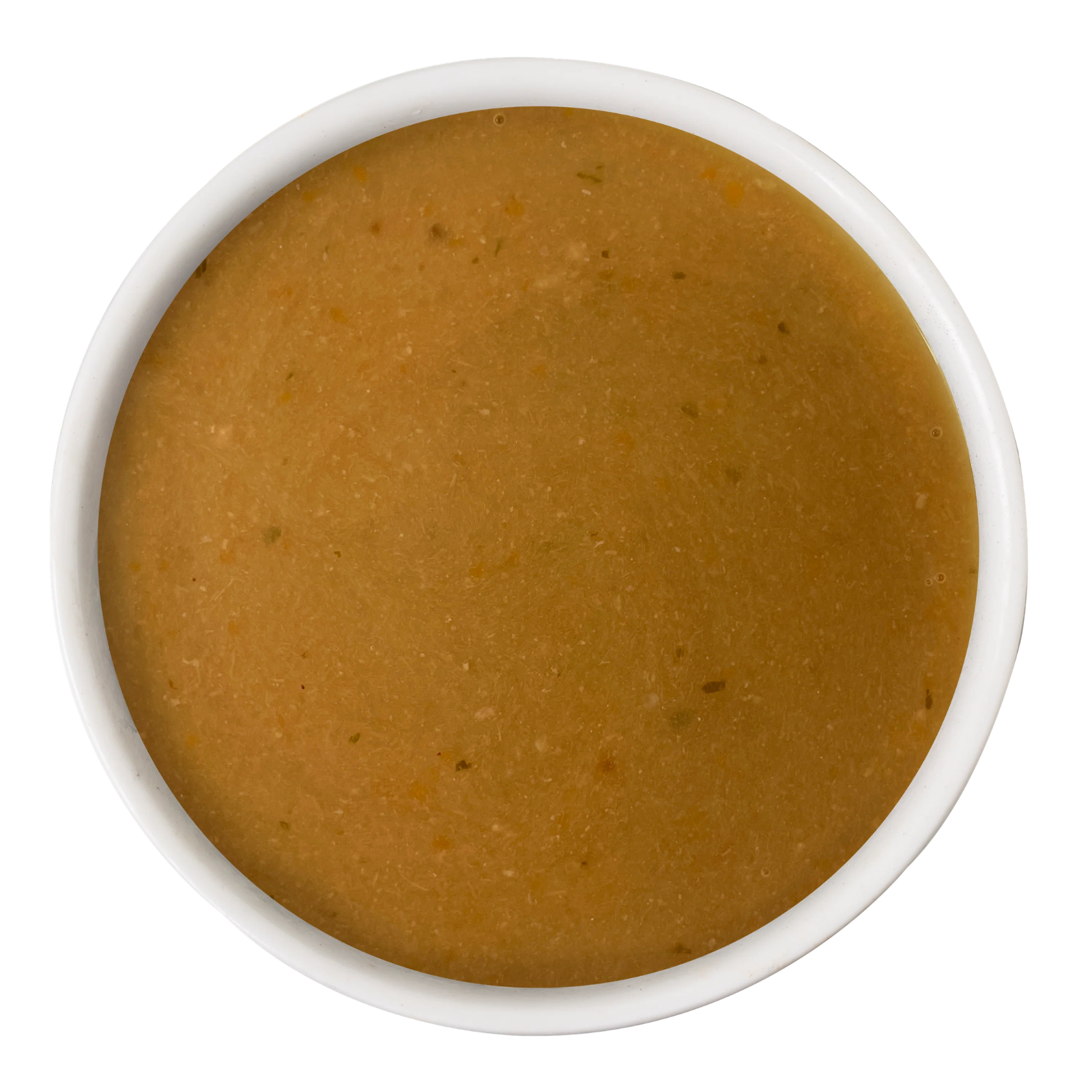 A top-down view of a thick, smooth, golden-brown puree or sauce in a white ceramic bowl against a solid white background.