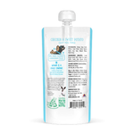 A stand-up pouch of ParmaDine Premium Dog Food, Chicken & Sweet Potato flavor, shown from the back. The packaging features a light blue and white design with a clear cap, displaying detailed ingredient and feeding information.
