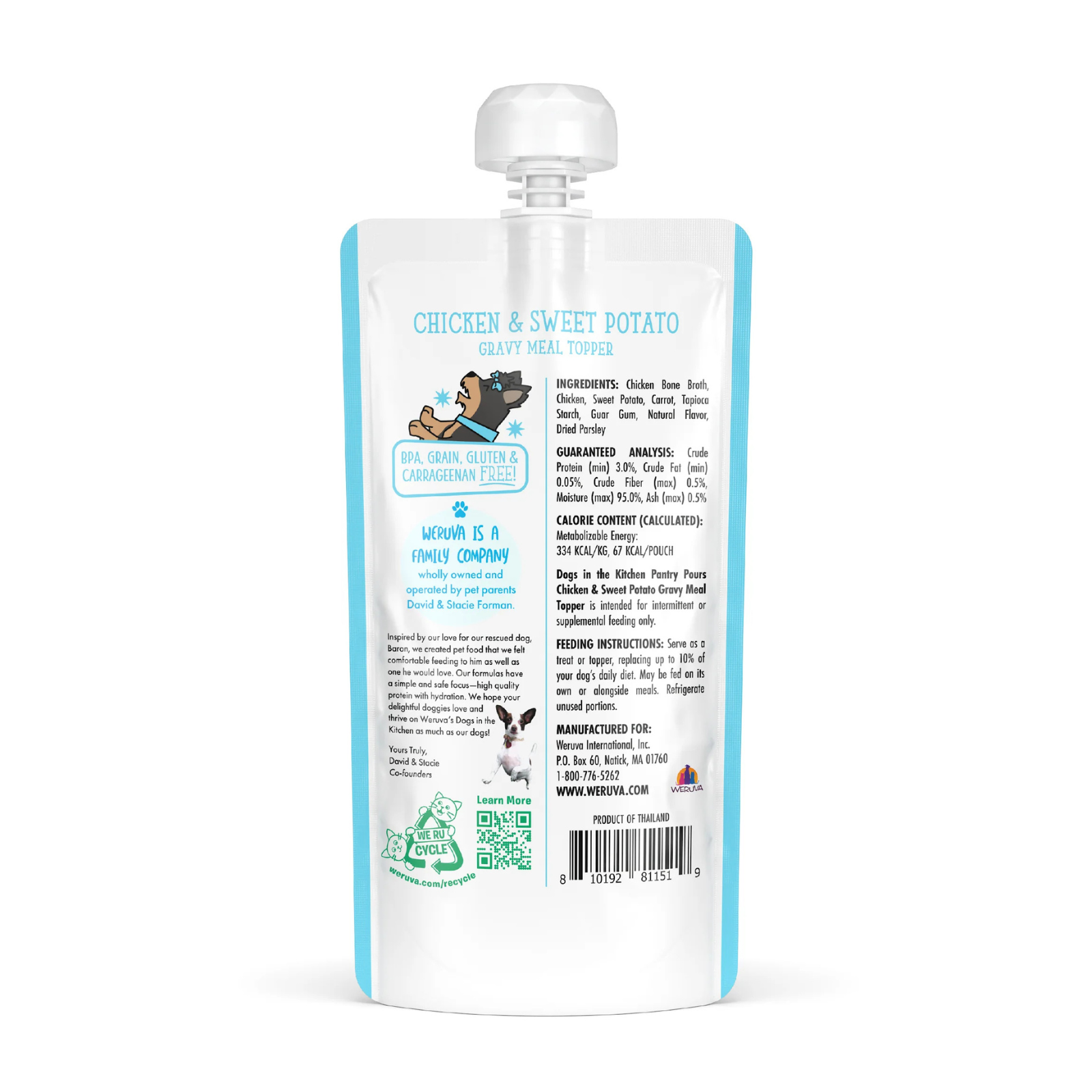A stand-up pouch of ParmaDine Premium Dog Food, Chicken & Sweet Potato flavor, shown from the back. The packaging features a light blue and white design with a clear cap, displaying detailed ingredient and feeding information.