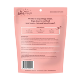 Back view of a pink Bocce Approved dog food pouch on a white background, showing product information, ingredients, and a barcode.
