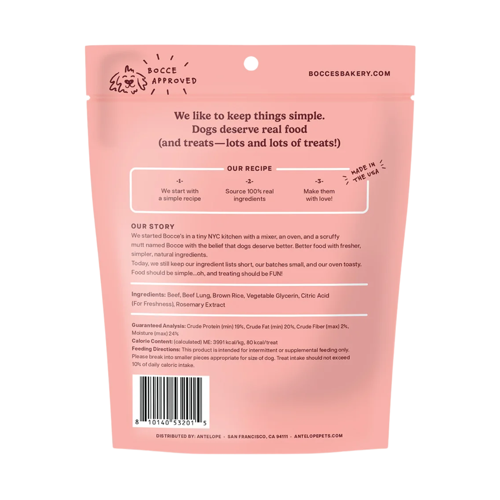Back view of a pink Bocce Approved dog food pouch on a white background, showing product information, ingredients, and a barcode.