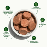Bowl of dog treats with health benefits listed on a white background