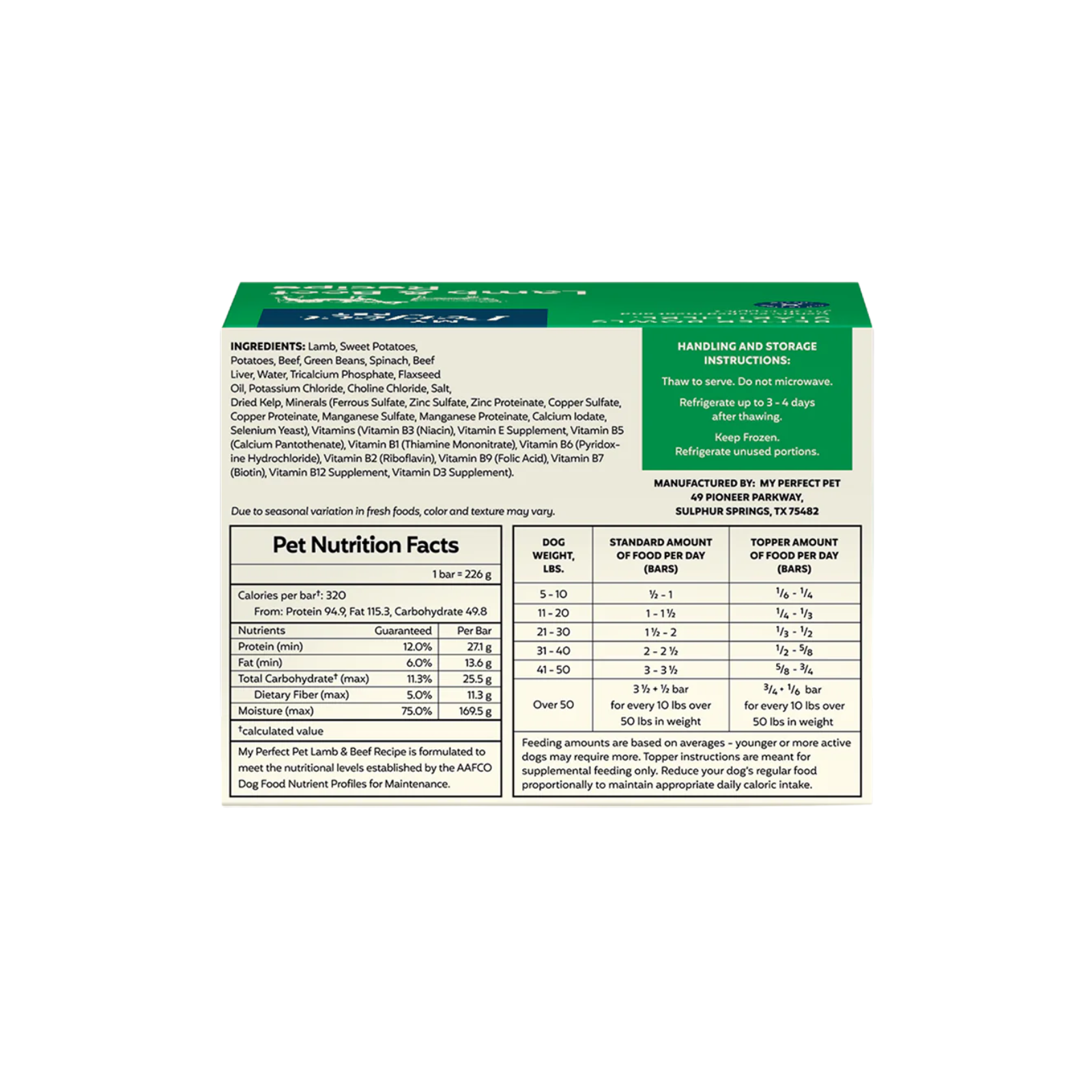 The back panel of a green and white box, displaying ingredients, nutritional facts, and handling/storage instructions on a white background.