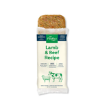 A packaged pet food bar labeled 'My Perfect Pet Lamb & Beef Recipe' on a plain white background. The wrapper is mostly off-white with green text and illustrations, and the top section is removed to show the textured brown and green food inside.