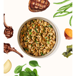 A top-down view of a bowl filled with cooked ground meat and vegetables, surrounded by illustrated food ingredients including green beans, spinach, sweet potato, greens, and steak on a white background.