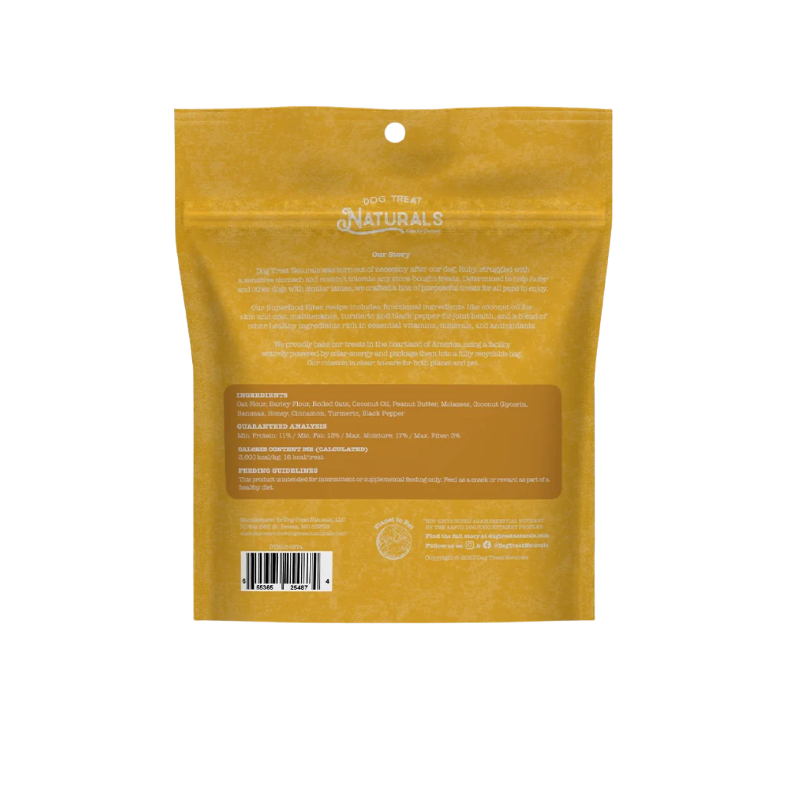 The back of a dog treat pouch by Dog Naturals, featuring product information, ingredients, and a barcode on a solid white background.