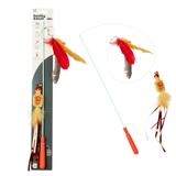 A cat toy wand with a long light blue handle, orange grip, and colorful feathers, shown both in its retail packaging and unpackaged on a white background. The package displays the brand 'hustley & bent'.