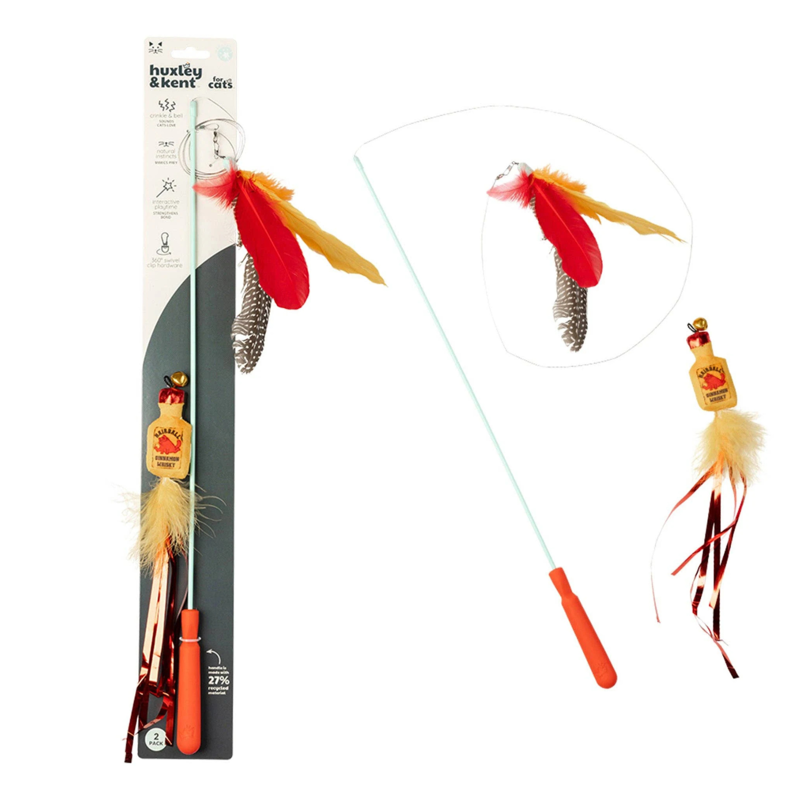 A cat toy wand with a long light blue handle, orange grip, and colorful feathers, shown both in its retail packaging and unpackaged on a white background. The package displays the brand 'hustley & bent'.