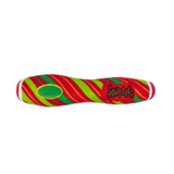 A KONG dog toy shaped like a human hand, featuring a festive red and lime green striped pattern with a green oval design and the KONG logo.