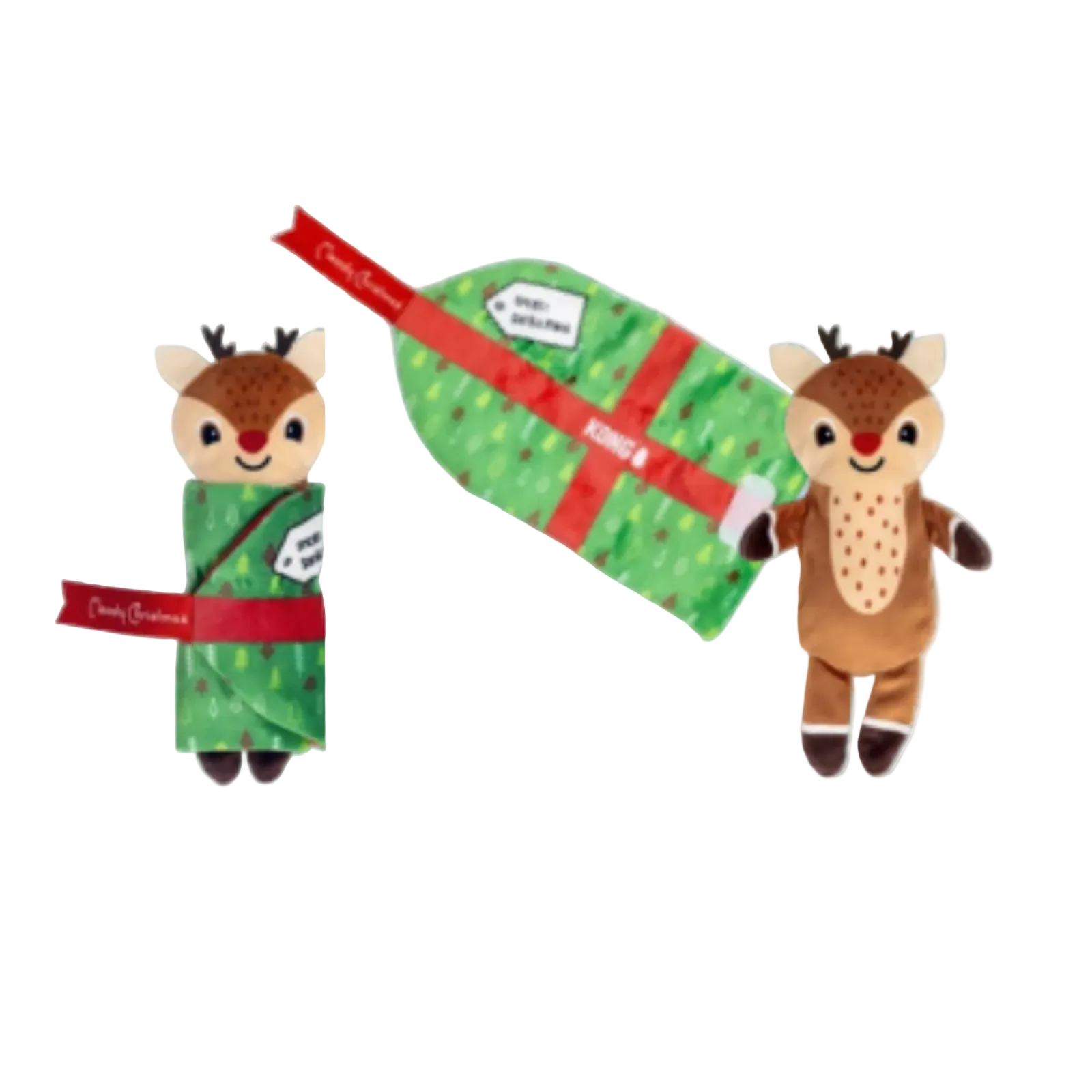 Two Christmas-themed plush toys on a plain white background: a reindeer doll wrapped in green patterned fabric with a red ribbon, and another reindeer holding a matching green gift box with a red ribbon. The words 'Crazy Christmas' are visible on the ribbon.