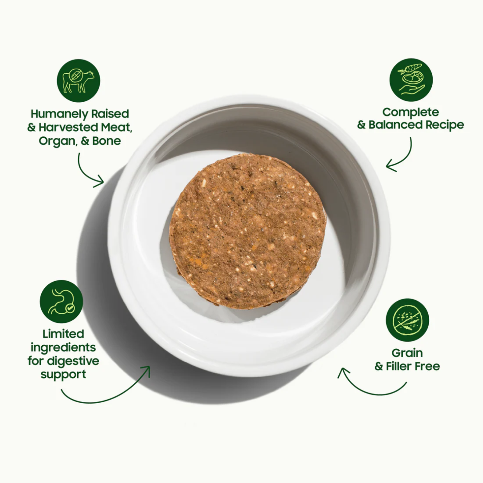 Dog food product in a bowl with green icons and text highlighting features on a white background