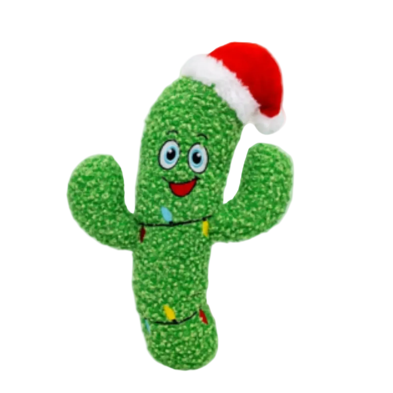 A green plush cactus toy with a smiling face, colorful string lights, and a red and white Santa hat, isolated on a white background.