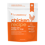 A stand-up pouch of Small Batch Dog 'Chicken Recipe' frozen raw patties for dogs, featuring a white upper half and a bright orange lower half with product text and a chicken illustration.