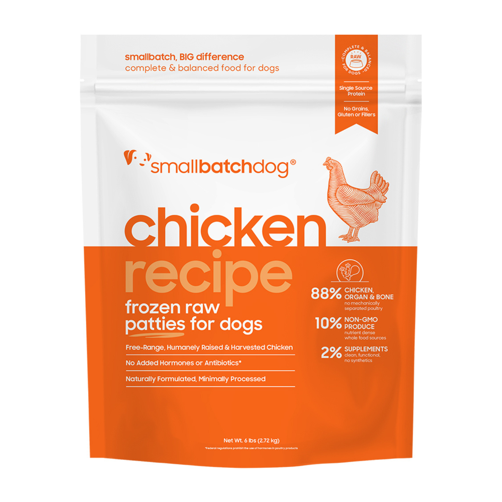 A stand-up pouch of Small Batch Dog 'Chicken Recipe' frozen raw patties for dogs, featuring a white upper half and a bright orange lower half with product text and a chicken illustration.