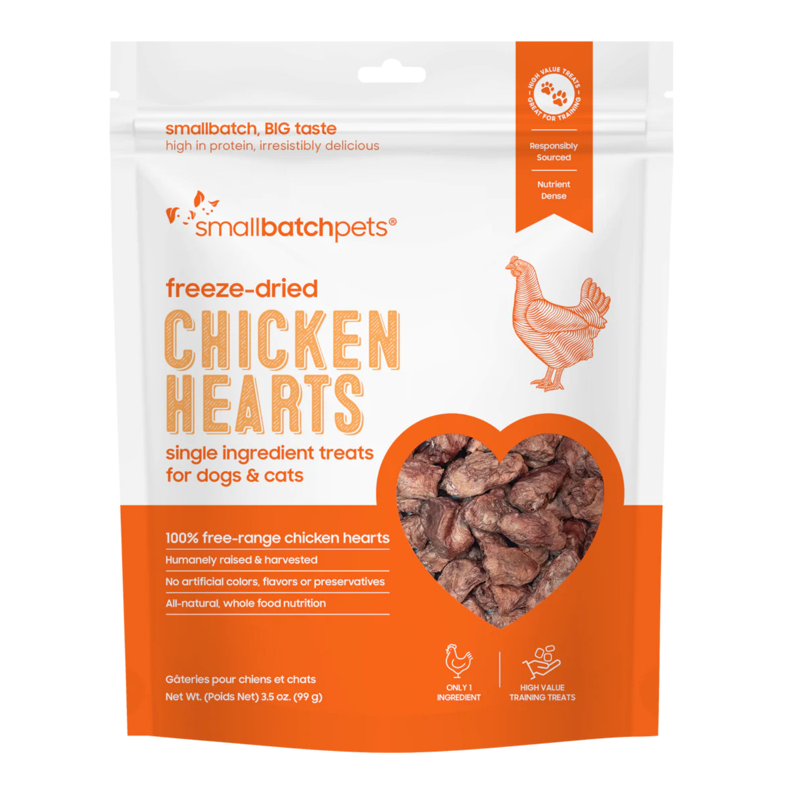 A stand-up pouch of smallbatchpets Freeze-Dried Chicken Hearts single ingredient treats for dogs and cats, featuring a white and orange design with a heart-shaped window showing the freeze-dried chicken hearts inside.