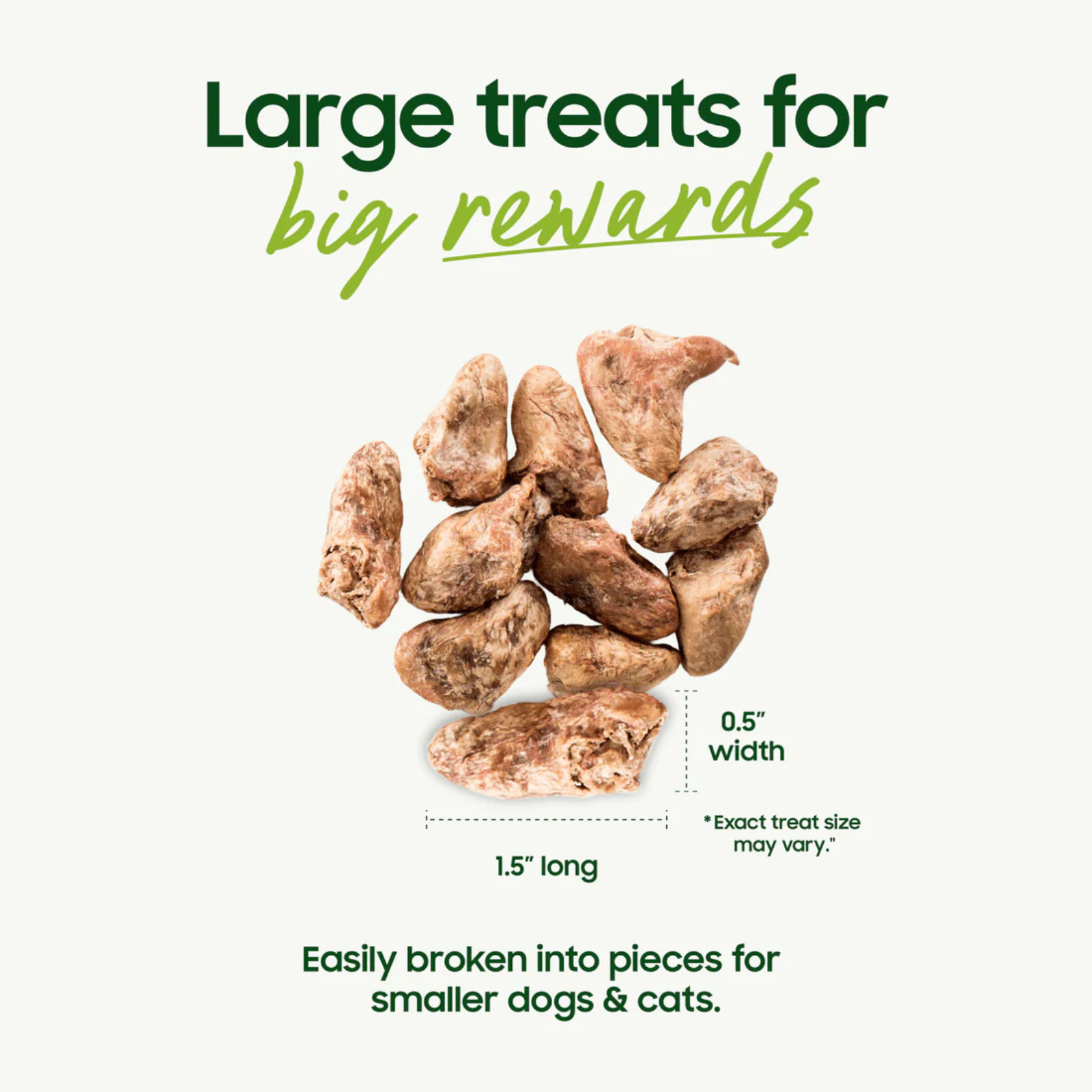 Large brown dog treats shown on a light cream background with text reading 'Large treats for big rewards' and dimensions indicating 1.5" long and 0.